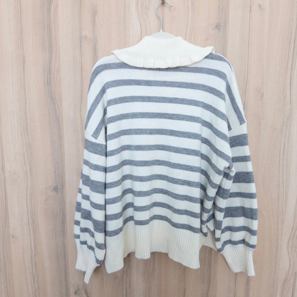 Easel Womens Striped Sweater L White Gray Ruffle Collar Henley Preppy Cottage - Picture 6 of 12